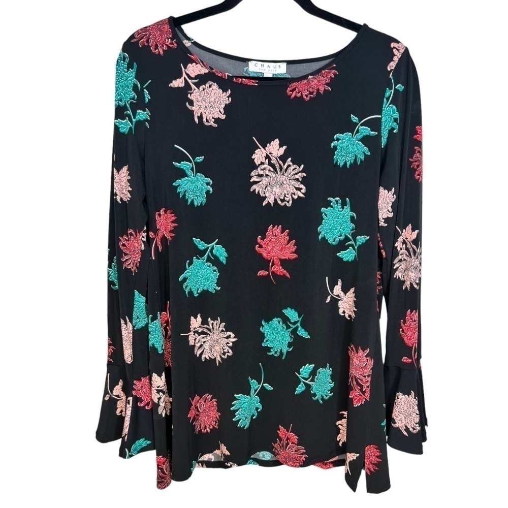 Chaus Floral Bell Sleeve Tunic‎ Blouse Top Size Medium Feminine Career Office